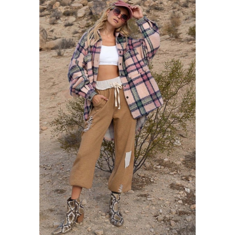 SOLD OUT Pink Plaid Distressed Boho Oversized Shacket - Picture 4 of 9